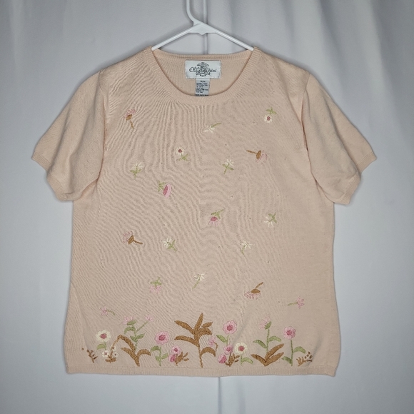 Oleg Cassini Sweater Embroidered Short Sleeve Medium Knit Pastel Floral Crew VTG - Picture 6 of 8